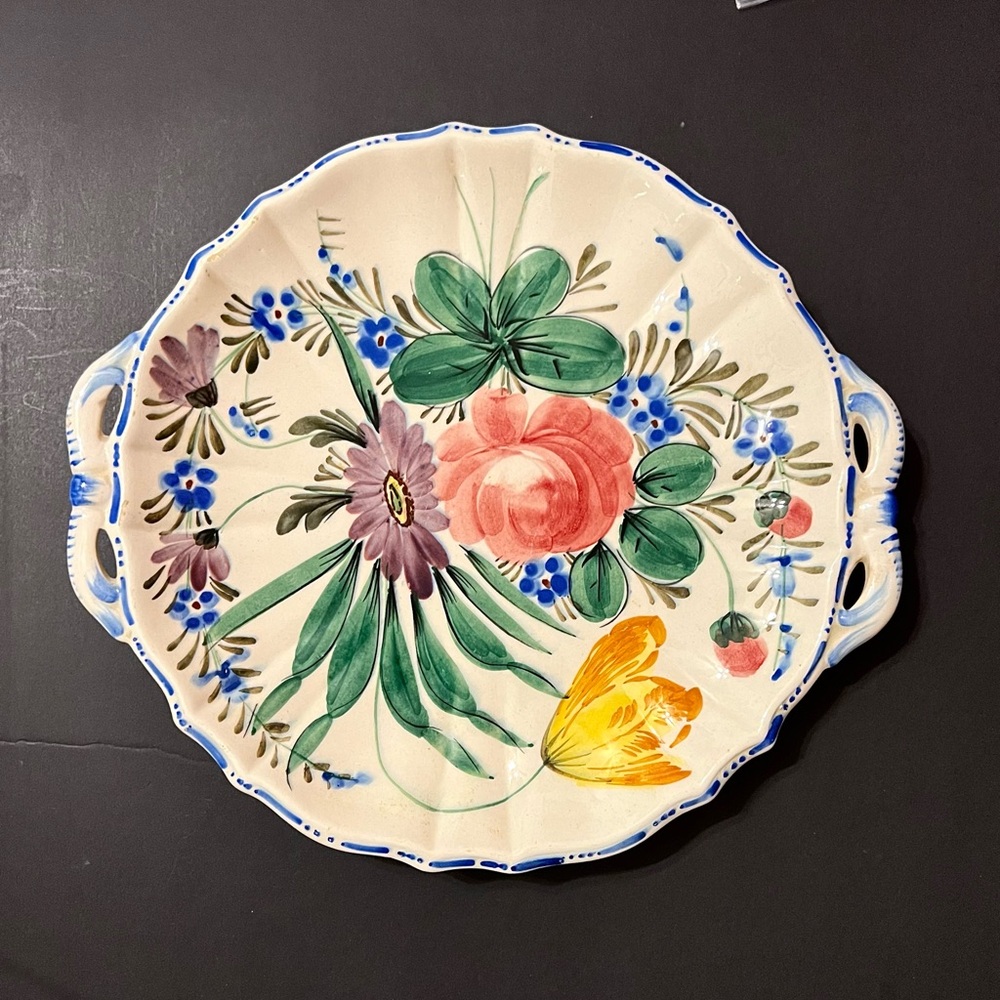 Vintage Italian Majolica Nova Rose Hand Painted Handled Platter 11.75”